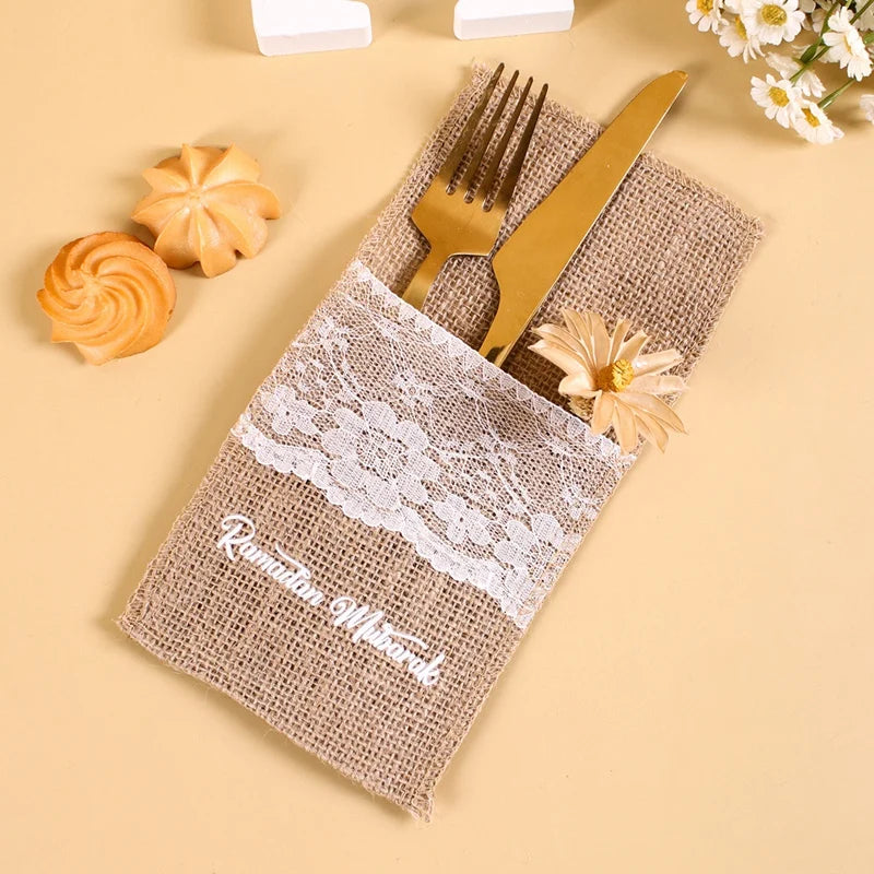 5pcs Ramadan Burlap Lace Cutlery Knife Fork Bag Eid Mubarak decoration 2024 Ramadan Kareem Islamic Muslim Party Eid Al Adha Gift