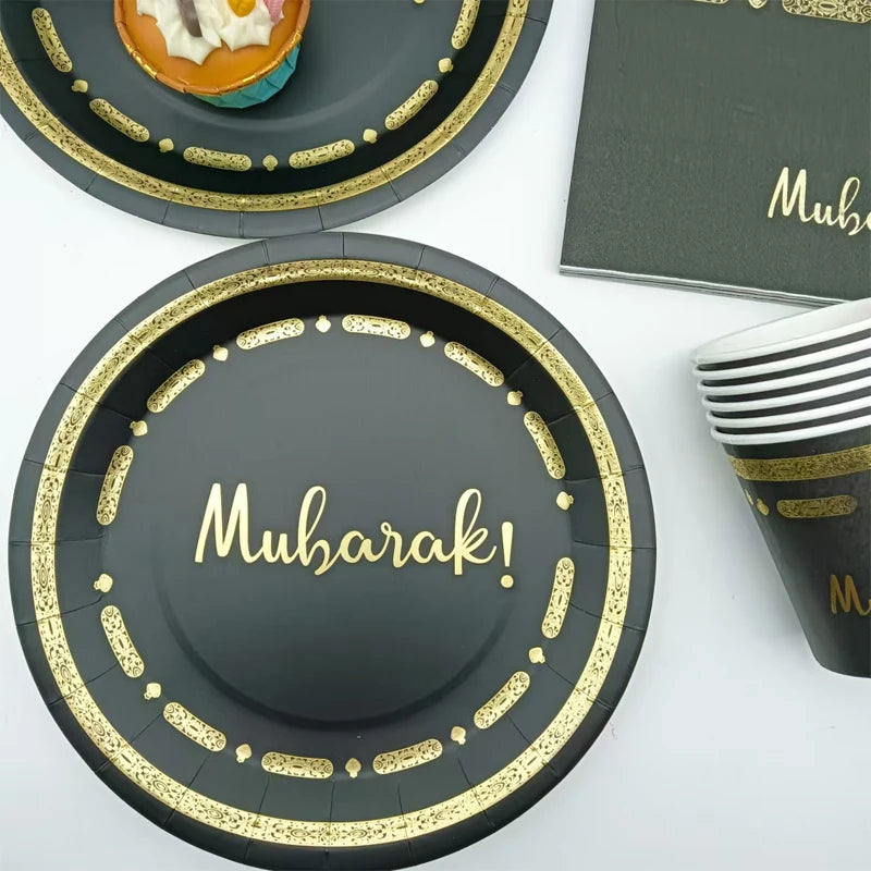 10Pcs Black Gold Umrah Mubarak Disposable Paper Plate Cup Napkin Banner Eid Mubarak Islamic Muslim Festival Party Decor Supplies