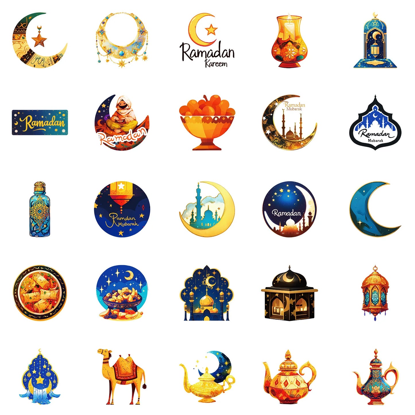 50PCS Mubarak Stickers Golden Moon Sticker DIY Phone IPAD Book Notebook Laptop Luggage Skateboard Graffiti Decals Muslim Party