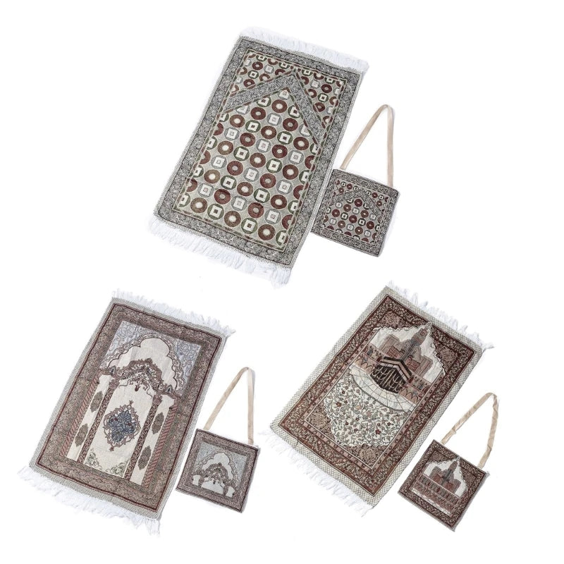 Muslims Prayer Mat Rugs with Tassels Bag Travel Portable Flower Pattern Islamic Carpet Blanket Home Decors 105x65cm