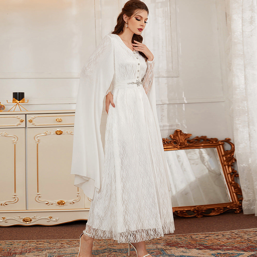 White Lace Hand-stitched Diamond Long Dress Cloak Islamic Evening Gown