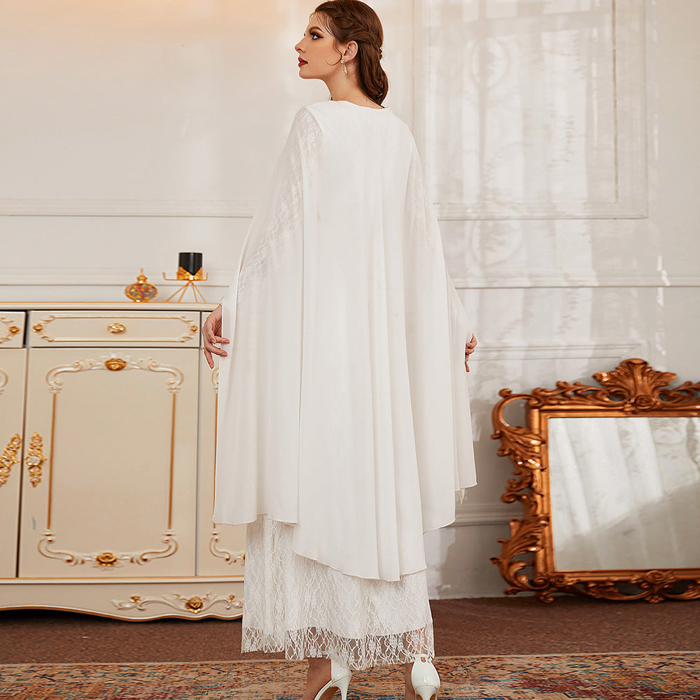 White Lace Hand-stitched Diamond Long Dress Cloak Islamic Evening Gown