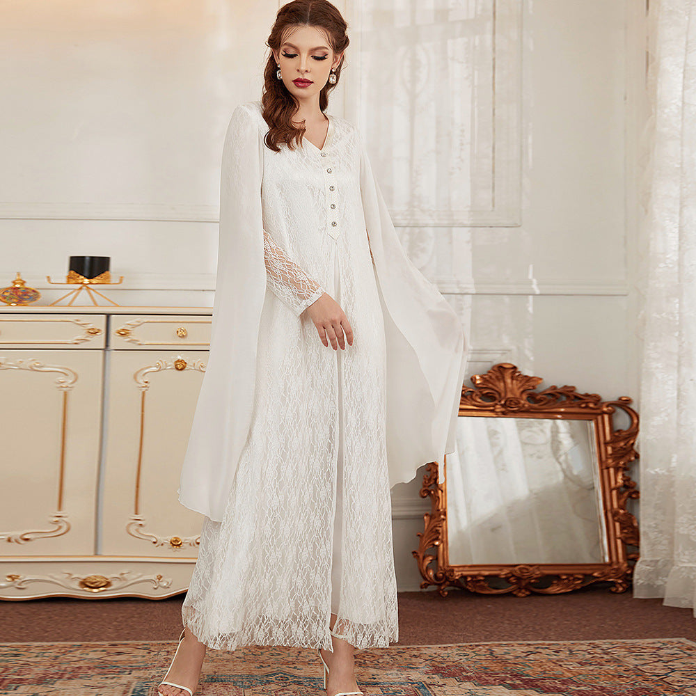 White Lace Hand-stitched Diamond Long Dress Cloak Islamic Evening Gown